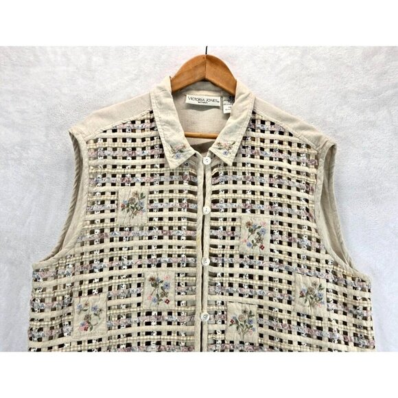 VTG 90s Woven Vest Cream Cotton Linen 2X Victoria Jones Woman Floral Embroidery - Picture 2 of 15